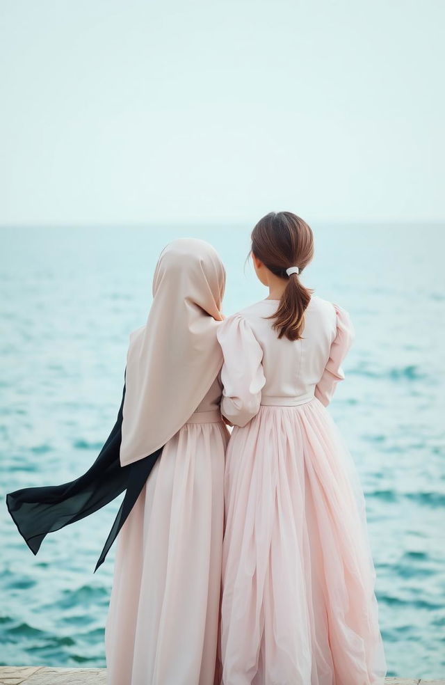 Two girls standing together facing a serene sea, their backs towards the viewer