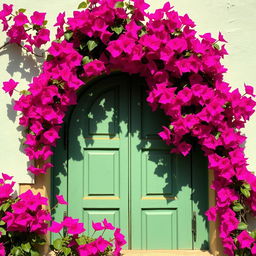 A charming green colored arched rustic wooden window, beautifully framed by an abundance of vibrant bougainvillea blooming over the arch