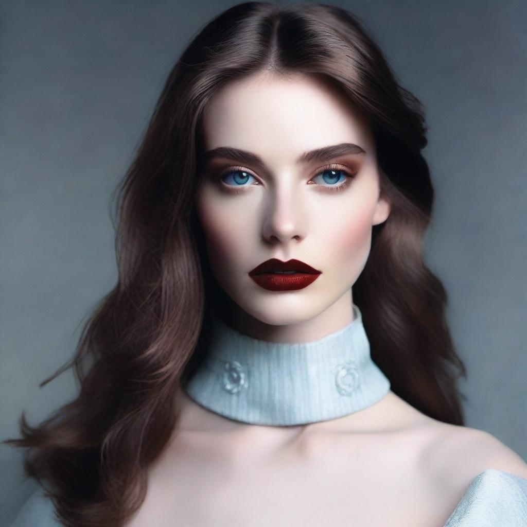 Create a photo-realistic image of a model with brown hair and pale skin