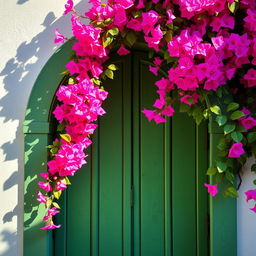 A charming green colored arched rustic wooden window, beautifully framed by an abundance of vibrant bougainvillea blooming over the arch