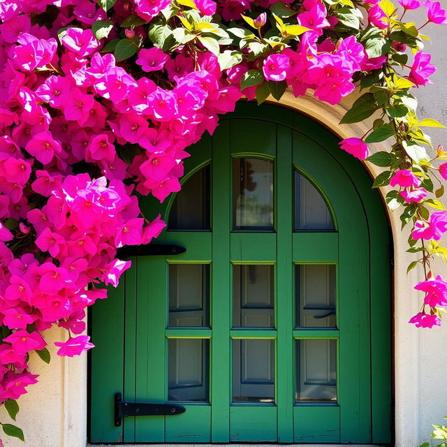 A charming green colored arched rustic wooden window, beautifully framed by an abundance of vibrant bougainvillea blooming over the arch