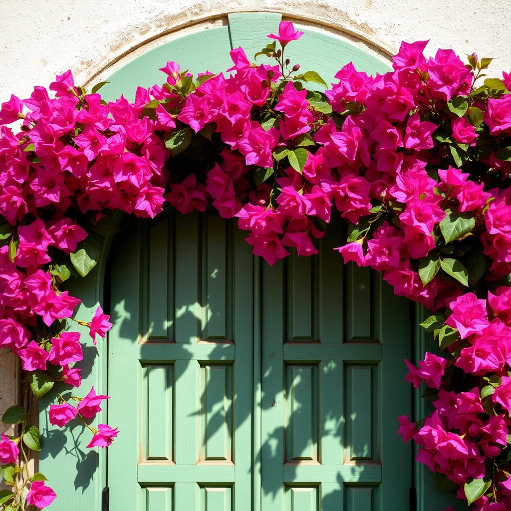 A charming green colored arched rustic wooden window, beautifully framed by an abundance of vibrant bougainvillea blooming over the arch