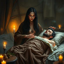 A fantasy scene depicting a human female healer, aged 40, with long flowing dark hair and a serene expression