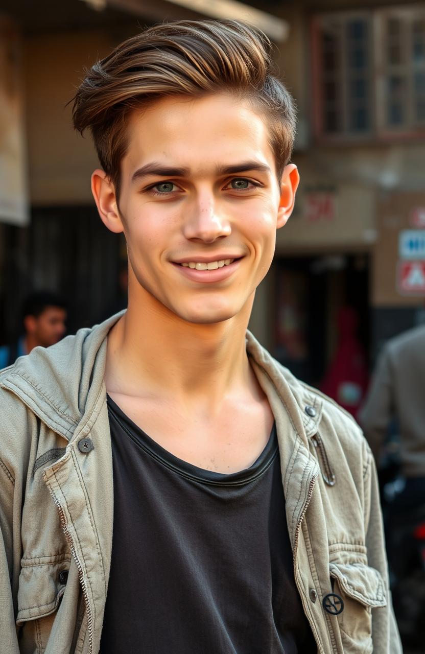 A handsome 22-year-old man with brown hair, wearing tattered and worn clothing that suggests poverty