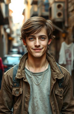 A handsome 22-year-old man with brown hair, wearing tattered and worn clothing that suggests poverty