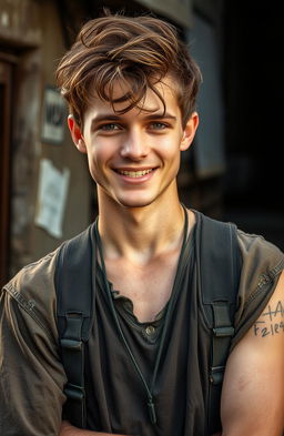 A handsome 22-year-old man with brown hair, wearing tattered and worn clothing that suggests poverty
