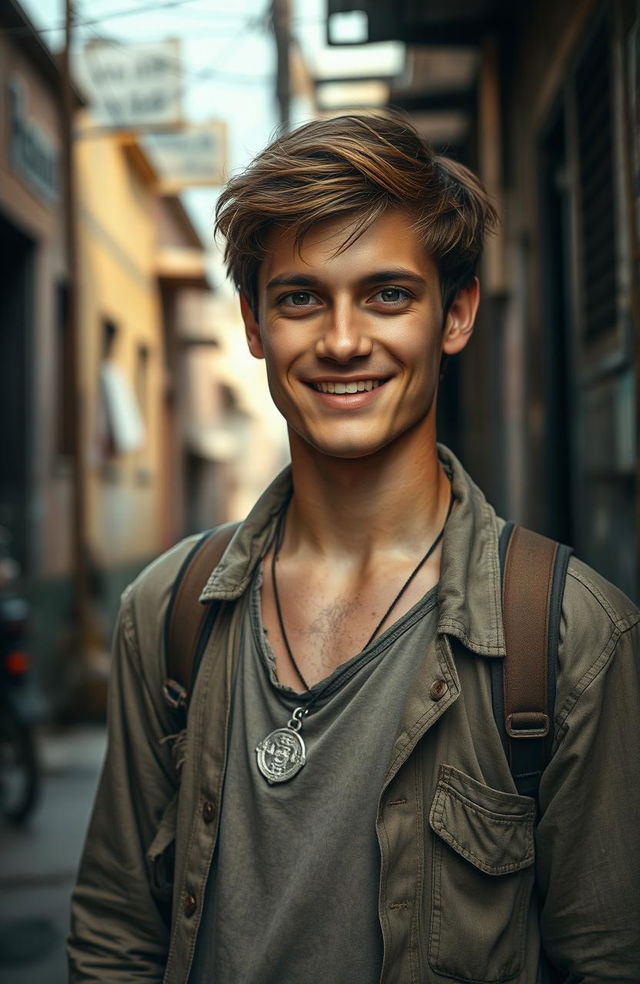 A handsome 22-year-old man with brown hair, wearing tattered and worn clothing that suggests poverty