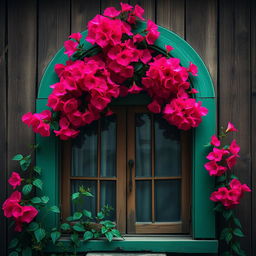 A rustic wooden window featuring a green arched frame, adorned with vibrant bougainvillea flowers blooming abundantly over the arch