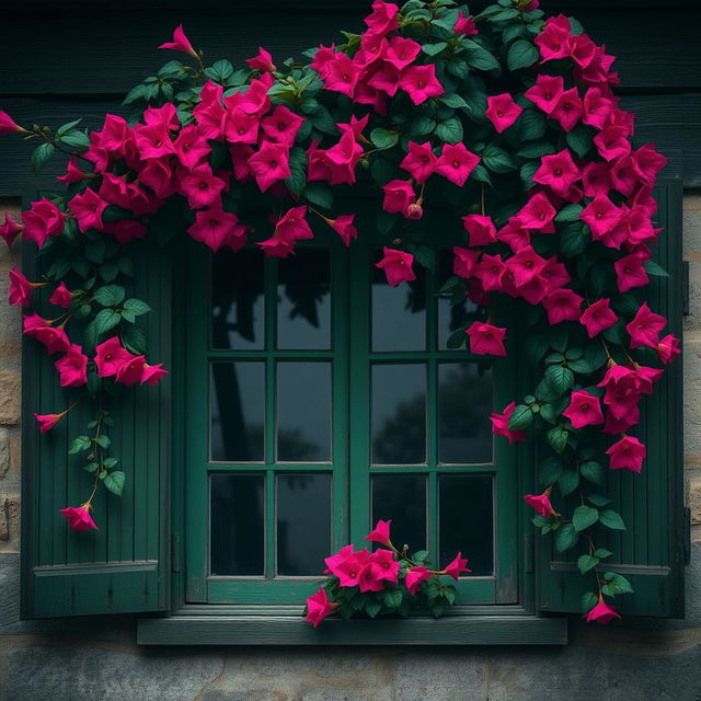 A rustic wooden window featuring a green arched frame, adorned with vibrant bougainvillea flowers blooming abundantly over the arch