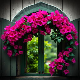 A rustic wooden window featuring a green arched frame, adorned with vibrant bougainvillea flowers blooming abundantly over the arch