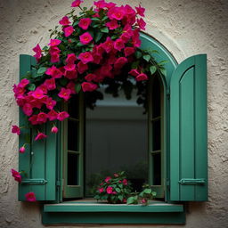 A rustic wooden window featuring a green arched frame, adorned with vibrant bougainvillea flowers blooming abundantly over the arch