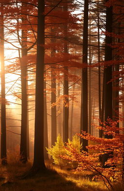 A Scottish forest in autumn, filled with tall trees whose leaves are in warm tones of orange, red, and yellow