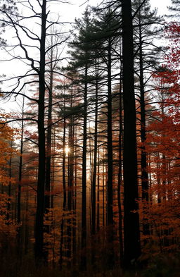 A Scottish forest in autumn, filled with tall trees whose leaves are in warm tones of orange, red, and yellow