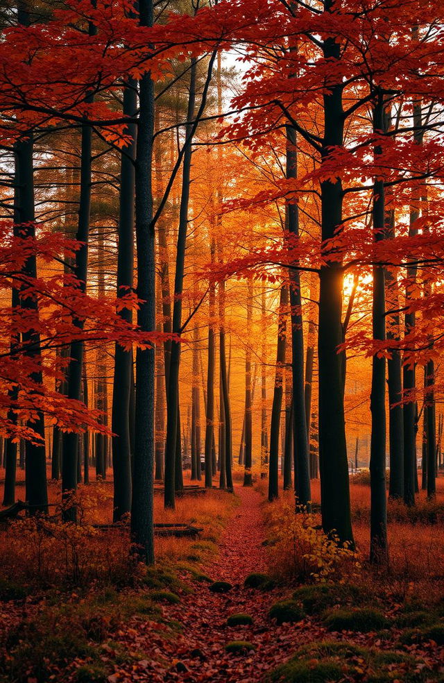 A Scottish forest in autumn, filled with tall trees whose leaves are in warm tones of orange, red, and yellow