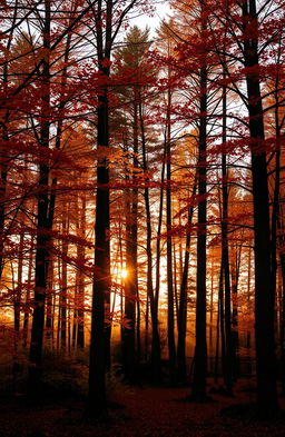 A Scottish forest in autumn, filled with tall trees whose leaves are in warm tones of orange, red, and yellow