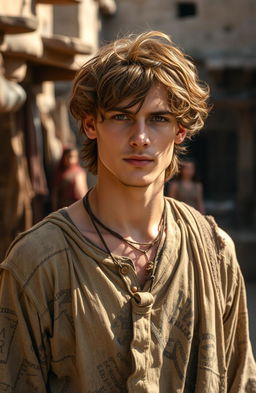 A handsome 22-year-old man with brown hair wearing tattered, humble clothing
