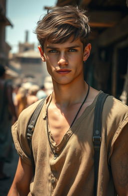 A handsome 22-year-old man with brown hair wearing tattered, humble clothing