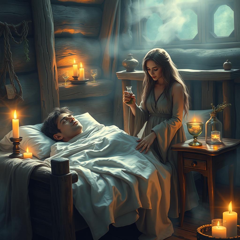 A fantasy scene featuring a human female healer, aged 40, with long flowing hair and an ethereal gown, gently tending to a sick man lying in a rustic wooden bed