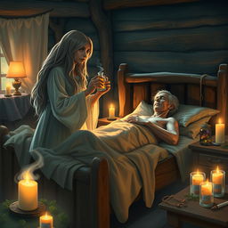 A fantasy scene featuring a human female healer, aged 40, with long flowing hair and an ethereal gown, gently tending to a sick man lying in a rustic wooden bed