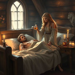 A fantasy scene featuring a human female healer, aged 40, with long flowing hair and an ethereal gown, gently tending to a sick man lying in a rustic wooden bed