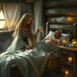A fantasy scene featuring a human female healer, aged 40, with long flowing hair and an ethereal gown, gently tending to a sick man lying in a rustic wooden bed