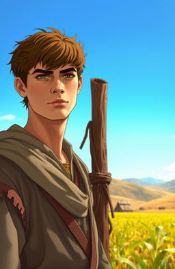 A handsome 22-year-old farmer from ancient times with brown hair, dressed in simple, humble garments typical of a poor rural lifestyle