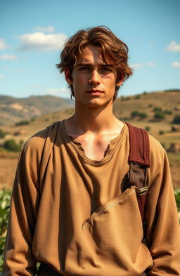 A handsome 22-year-old farmer from ancient times with brown hair, dressed in simple, humble garments typical of a poor rural lifestyle
