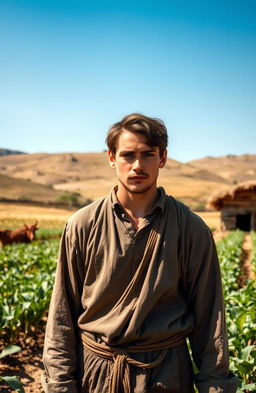 A handsome 22-year-old farmer from ancient times with brown hair, dressed in simple, humble garments typical of a poor rural lifestyle