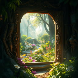 A hidden window glowing softly in the middle of an enchanted forest, leading to a vibrant and fantastical land