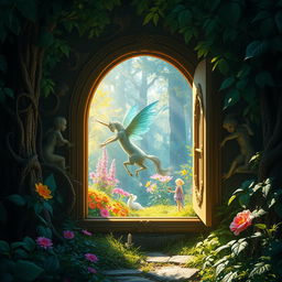 A hidden window glowing softly in the middle of an enchanted forest, leading to a vibrant and fantastical land
