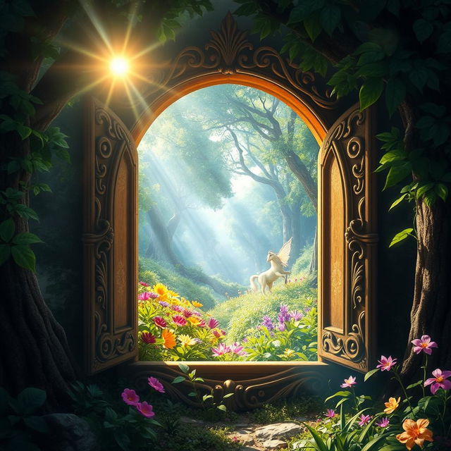 A hidden window glowing softly in the middle of an enchanted forest, leading to a vibrant and fantastical land