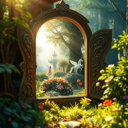 A hidden window glowing softly in the middle of an enchanted forest, leading to a vibrant and fantastical land