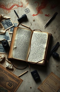 An artistic representation of a diary filled with handwritten notes and sketches, the pages worn with age and dusty