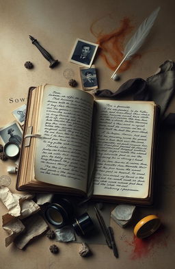 An artistic representation of a diary filled with handwritten notes and sketches, the pages worn with age and dusty