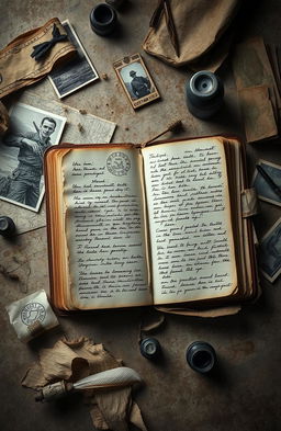 An artistic representation of a diary filled with handwritten notes and sketches, the pages worn with age and dusty