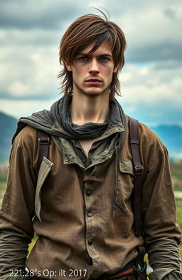 A handsome 22-year-old man with brown hair dressed in tattered, ancient clothes reminiscent of the clothes worn in 'Attack on Titan'