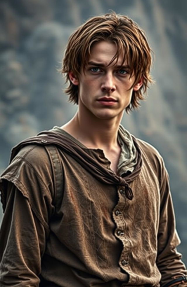 A handsome 22-year-old man with brown hair dressed in tattered, ancient clothes reminiscent of the clothes worn in 'Attack on Titan'