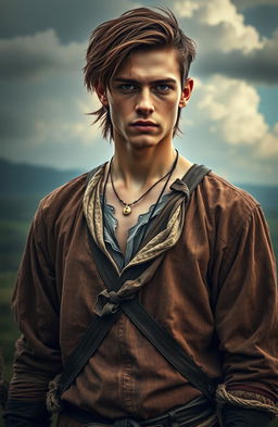 A handsome 22-year-old man with brown hair dressed in tattered, ancient clothes reminiscent of the clothes worn in 'Attack on Titan'