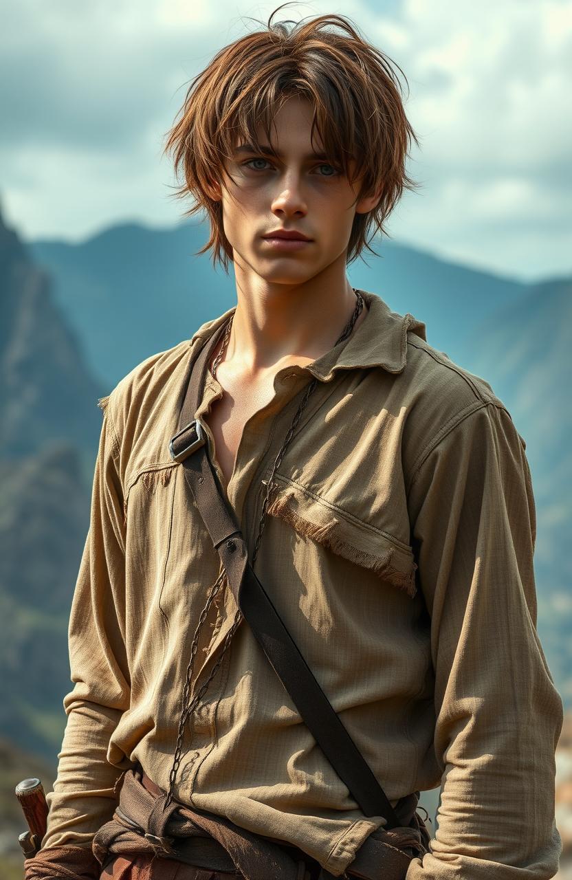 A handsome 22-year-old man with brown hair dressed in tattered, ancient clothes reminiscent of the clothes worn in 'Attack on Titan'