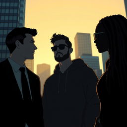 Three indistinguishable characters in a cityscape at dawn, illuminated by a soft sky in shades of yellow and blue