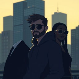 Three indistinguishable characters in a cityscape at dawn, illuminated by a soft sky in shades of yellow and blue