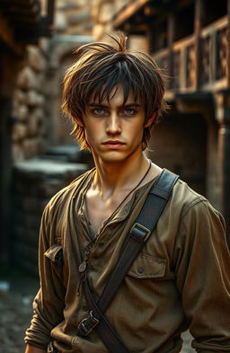 A handsome 22-year-old man with brown hair, styled in a slightly messy yet charming way, wearing simple, tattered clothing that reflects a poor but resilient lifestyle