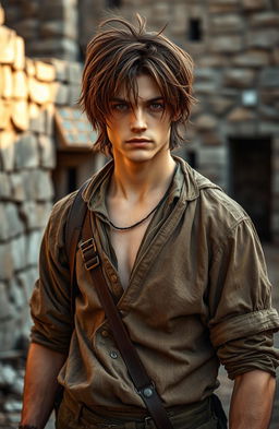A handsome 22-year-old man with brown hair, styled in a slightly messy yet charming way, wearing simple, tattered clothing that reflects a poor but resilient lifestyle