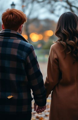 A young couple holding hands by the fingertips, seen from behind