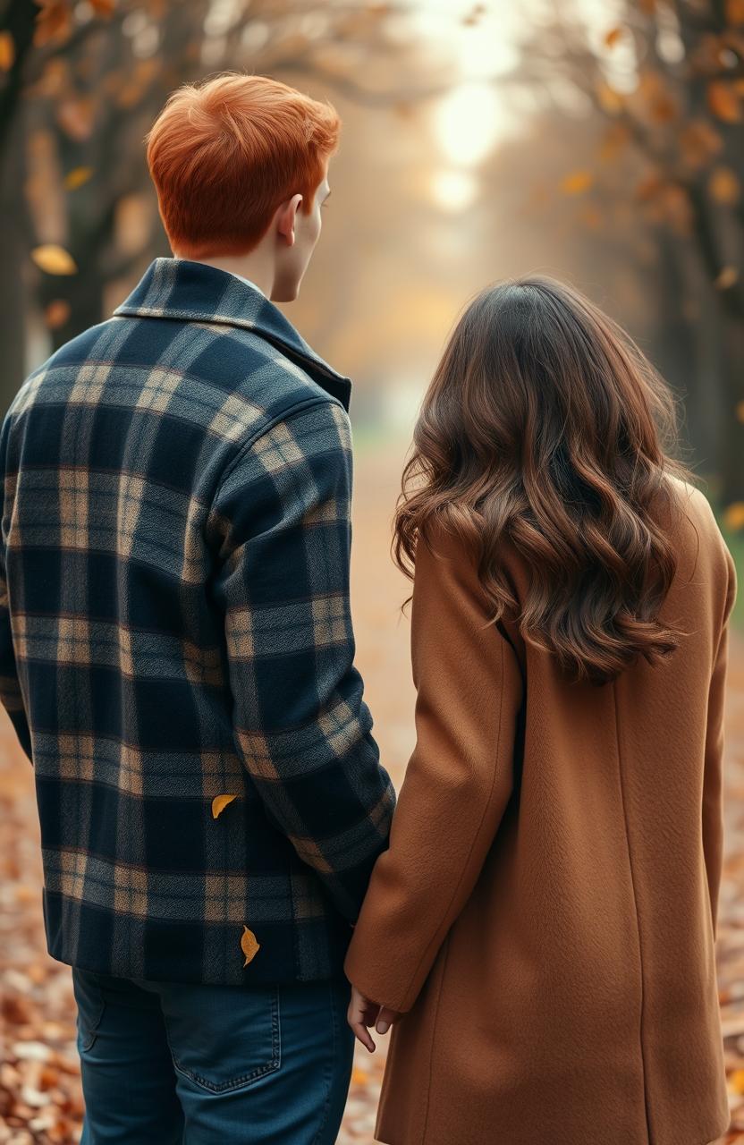 A young couple holding hands by the fingertips, seen from behind