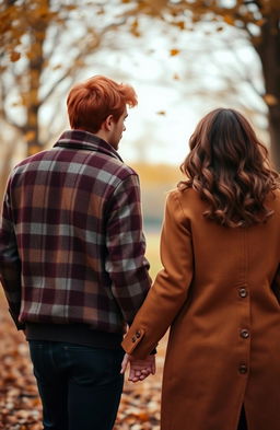 A young couple holding hands by the fingertips, seen from behind