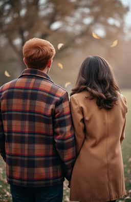 A young couple holding hands by the fingertips, seen from behind