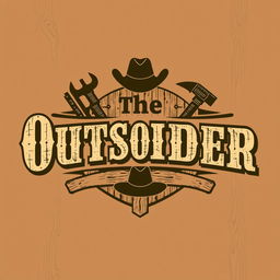 A vintage logo design for a carpentry business named "The Outsider", featuring elements inspired by the old west