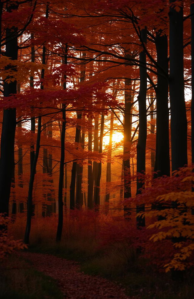 A Scottish forest in autumn, filled with tall trees adorned with vibrant leaves in warm tones of orange, red, and yellow