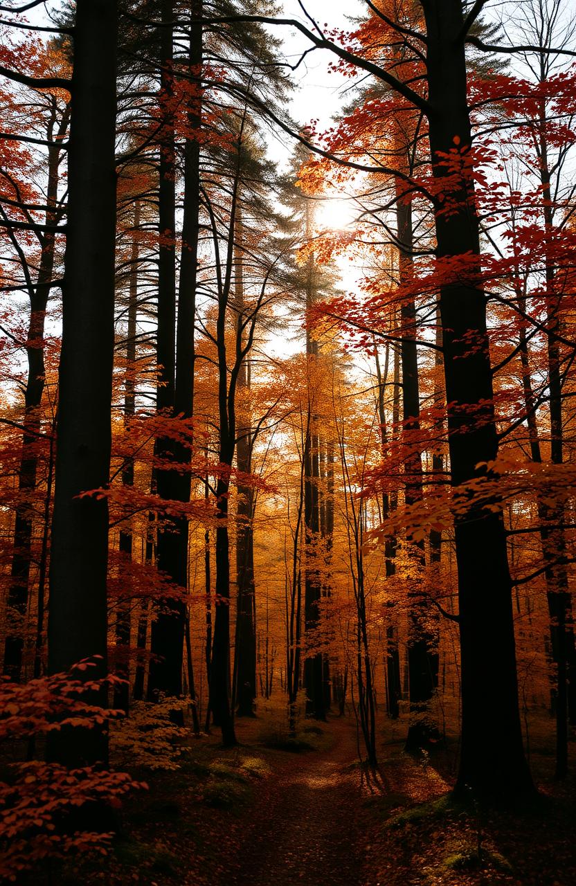 A Scottish forest in autumn, filled with tall trees adorned with vibrant leaves in warm tones of orange, red, and yellow